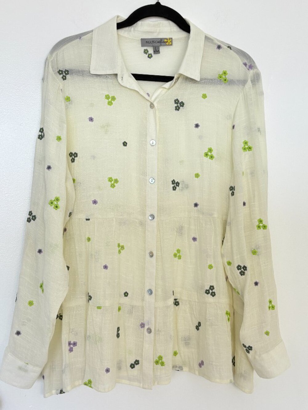 Figueroa & Flower Women’s Large Ivory Sheer Floral Embroidered Tiered Button-Dow - Picture 2 of 8